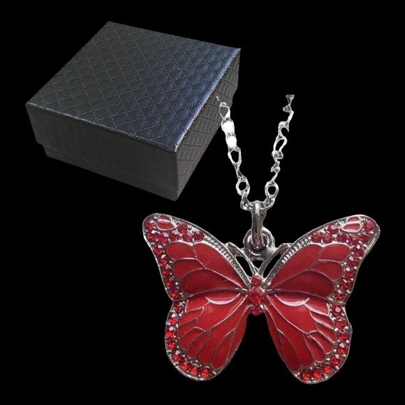 Silver Red Crystal Rhinestone Cubic Zirconia CZ Gemstone Butterfly Necklace - Picture 2 of 5